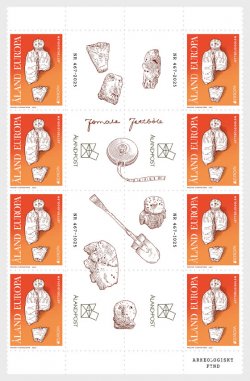 Aland islands Åland Finland 2025 Europa CEPT Archeology Block of 8 stamps and all labels MNH
