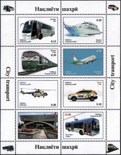 Tajikistan 2019 Types of urban transport Buses Train Copter Ship Trolley Car Set of 8 stamps in block MNH