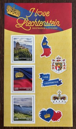 Liechtenstein 2020 I love L State symbols princely regalia Monarchs ancestral castle Set of 3 stamps in block with labels MNH