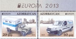 Azerbaijan 2013 EUROPA CEPT Postal transport Car Truck Set of 2 stamps in strip imperforated both sides from booklet MNH
