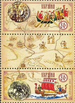 Ukraine 2003 The route from the Varangians to the Greeks Joint issue with Estonia Strip of 2 stamps with label MNH