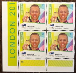 Australia 2016 Olympic games London 2012 Olympics Jared Tallent Gold medal Corner quarter block 2x2 MNH