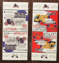Latvia 2013 Europa CEPT Mail transport Trains Cars Airplane Carriages Set of 2 tete-beches MNH