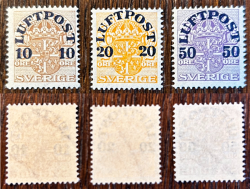 Sweden 1920 Definitives Airmail Luftpost Overprints Set of 3 stamps MNH Michel # 138-140