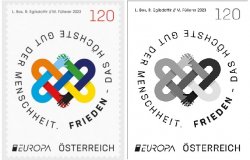 Austria 2023 Europa CEPT Peace set of mint stamp and official blackprint